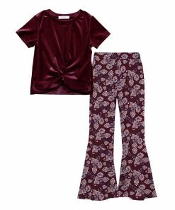 Cheap 🤩 Trend Blossoms Burgundy Velvet Knot-Front Top & Floral Paisley Flare Pants - 👧 Girls 🎉