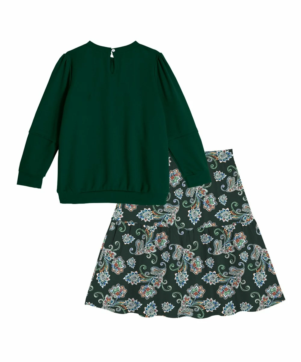 Best Pirce ๐ Trend Blossoms Dark Green Floral 'Dreams' Long-Sleeve Top & Bow-Accent Midi ๐ Skirt - ๐ง Girls โจ 4 Best Pirce ๐ Trend Blossoms Dark Green Floral 'Dreams' Long-Sleeve Top & Bow-Accent Midi ๐ Skirt - ๐ง Girls โจ - Image 2