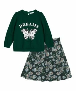 Trend Blossoms-shop 23 Best Pirce 🎁 Trend Blossoms Dark Green Floral 'Dreams' Long-Sleeve Top & Bow-Accent Midi 👗 Skirt - 👧 Girls ✨