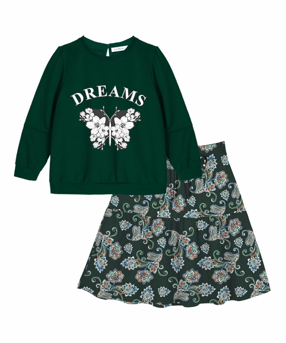 Best Pirce ๐ Trend Blossoms Dark Green Floral 'Dreams' Long-Sleeve Top & Bow-Accent Midi ๐ Skirt - ๐ง Girls โจ 3 Best Pirce ๐ Trend Blossoms Dark Green Floral 'Dreams' Long-Sleeve Top & Bow-Accent Midi ๐ Skirt - ๐ง Girls โจ