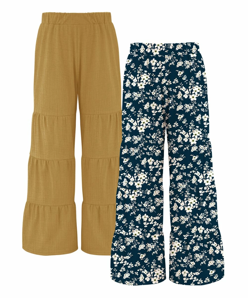 Outlet ๐งจ Trend Blossoms Navy & Mustard Crinkle & Floral Tiered Pants Set - ๐ง Girls ๐ 3 Outlet ๐งจ Trend Blossoms Navy & Mustard Crinkle & Floral Tiered Pants Set - ๐ง Girls ๐