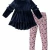 Coupon 😀 Trend Blossoms Navy Velvet Ruffle Hi-Low Tunic & Dusty Rose Floral Leggings - 👧 Girls 🧨 -Trend Blossoms-shop zu109886608 main tm1666453664