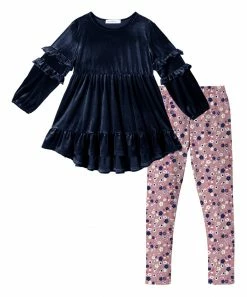 Coupon 😀 Trend Blossoms Navy Velvet Ruffle Hi-Low Tunic & Dusty Rose Floral Leggings - 👧 Girls 🧨