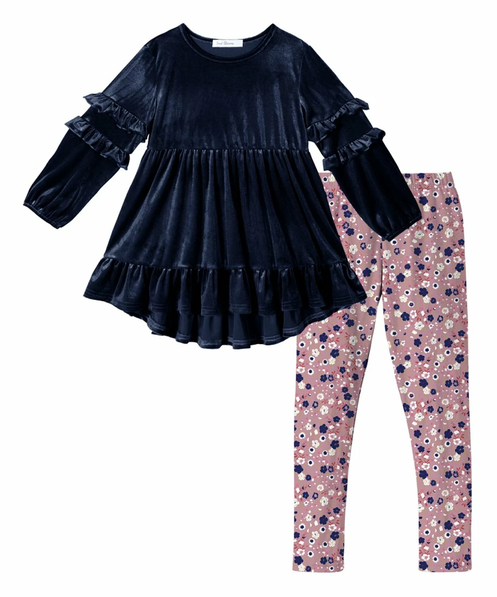 Coupon ๐ Trend Blossoms Navy Velvet Ruffle Hi-Low Tunic & Dusty Rose Floral Leggings - ๐ง Girls ๐งจ 3 Coupon ๐ Trend Blossoms Navy Velvet Ruffle Hi-Low Tunic & Dusty Rose Floral Leggings - ๐ง Girls ๐งจ