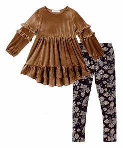 New 🔔 Trend Blossoms Cinnamon Velvet Ruffle Hi-Low Tunic & Floral Paisley Leggings - 👧 Girls ⭐
