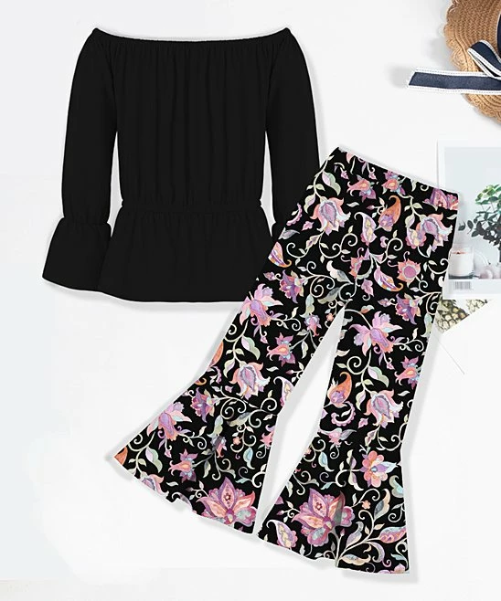 Best deal ๐ฅฐ Trend Blossoms Black Off-Shoulder Top & Pink Floral Flare Pants - ๐ง Girls ๐ 6 Best deal ๐ฅฐ Trend Blossoms Black Off-Shoulder Top & Pink Floral Flare Pants - ๐ง Girls ๐ - Image 4