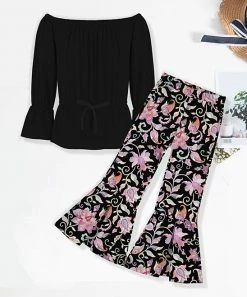 Best deal 🥰 Trend Blossoms Black Off-Shoulder Top & Pink Floral Flare Pants - 👧 Girls 🎁