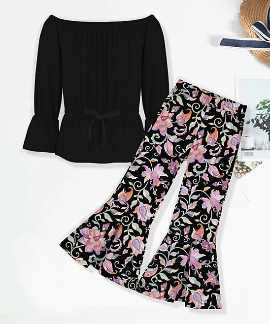 Best deal ๐ฅฐ Trend Blossoms Black Off-Shoulder Top & Pink Floral Flare Pants - ๐ง Girls ๐ 3 Best deal ๐ฅฐ Trend Blossoms Black Off-Shoulder Top & Pink Floral Flare Pants - ๐ง Girls ๐