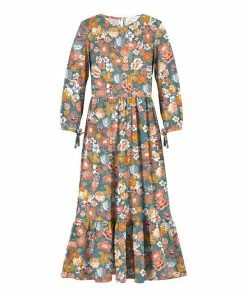 Top 10 🧨 Trend Blossoms Dusty Blue & Coral Floral Tie-Cuff Puff-Sleeve Maxi 👗 Dress - 👧 Girls ⌛