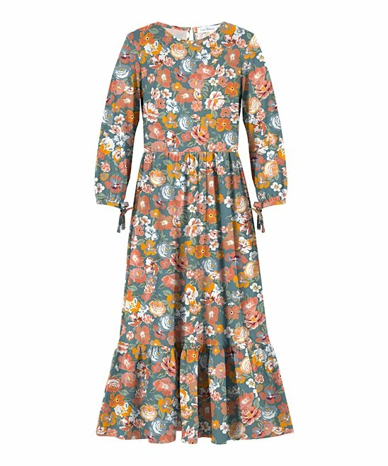 Top 10 ๐งจ Trend Blossoms Dusty Blue & Coral Floral Tie-Cuff Puff-Sleeve Maxi ๐ Dress - ๐ง Girls โ 3 Top 10 ๐งจ Trend Blossoms Dusty Blue & Coral Floral Tie-Cuff Puff-Sleeve Maxi ๐ Dress - ๐ง Girls โ