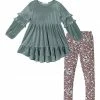 Hot Sale 🧨 Trend Blossoms Dusty Blue Velvet Ruffle Hi-Low Tunic & Dusty Rose Floral Leggings - 👧 Girls 🧨 -Trend Blossoms-shop zu110256067 main tm1667827434