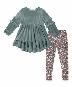 Hot Sale 🧨 Trend Blossoms Dusty Blue Velvet Ruffle Hi-Low Tunic & Dusty Rose Floral Leggings - 👧 Girls 🧨
