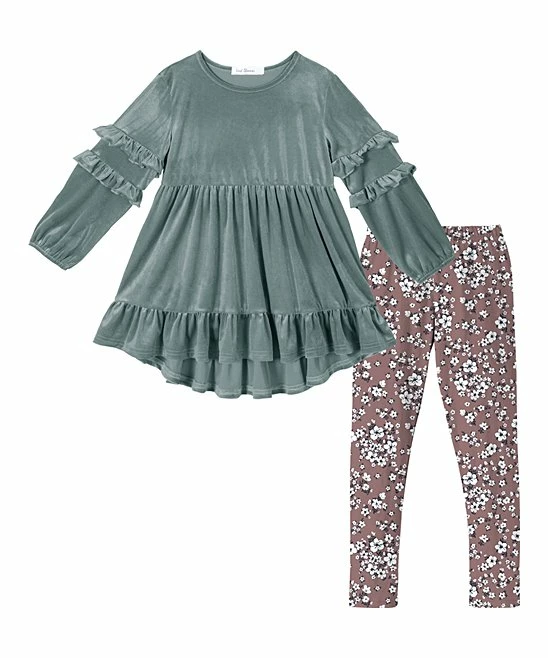 Hot Sale ๐งจ Trend Blossoms Dusty Blue Velvet Ruffle Hi-Low Tunic & Dusty Rose Floral Leggings - ๐ง Girls ๐งจ 3 Hot Sale ๐งจ Trend Blossoms Dusty Blue Velvet Ruffle Hi-Low Tunic & Dusty Rose Floral Leggings - ๐ง Girls ๐งจ