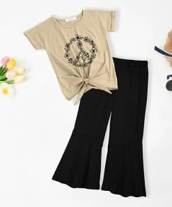 Discount 😍 Trend Blossoms Cream Floral Peace Knot-Front Top & Black Crinkle Flare Pants - 👧 Girls 😍
