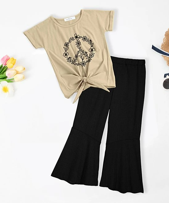 Discount 😍 Trend Blossoms Cream Floral Peace Knot-Front Top & Black Crinkle Flare Pants - 👧 Girls 😍 3 Discount 😍 Trend Blossoms Cream Floral Peace Knot-Front Top & Black Crinkle Flare Pants - 👧 Girls 😍