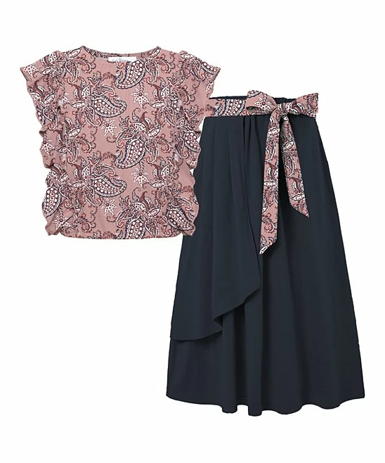 Outlet ๐ฏ Trend Blossoms Dusty Pink Paisley Ruffle Sleeveless Top & Navy Bow Maxi ๐ Skirt - ๐ง Girls ๐ 3 Outlet ๐ฏ Trend Blossoms Dusty Pink Paisley Ruffle Sleeveless Top & Navy Bow Maxi ๐ Skirt - ๐ง Girls ๐
