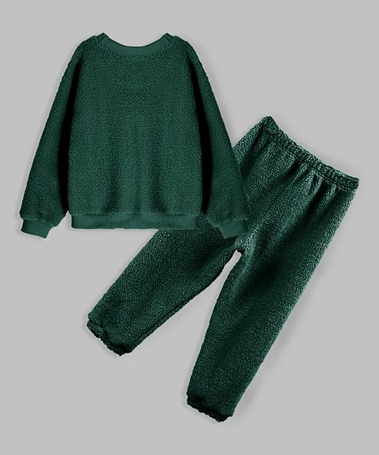 Budget ๐ฅฐ Trend Blossoms Dark Green Fleece Drop-Shoulder Long-Sleeve Top & Joggers - ๐ง Girls โ 4 Budget ๐ฅฐ Trend Blossoms Dark Green Fleece Drop-Shoulder Long-Sleeve Top & Joggers - ๐ง Girls โ - Image 2