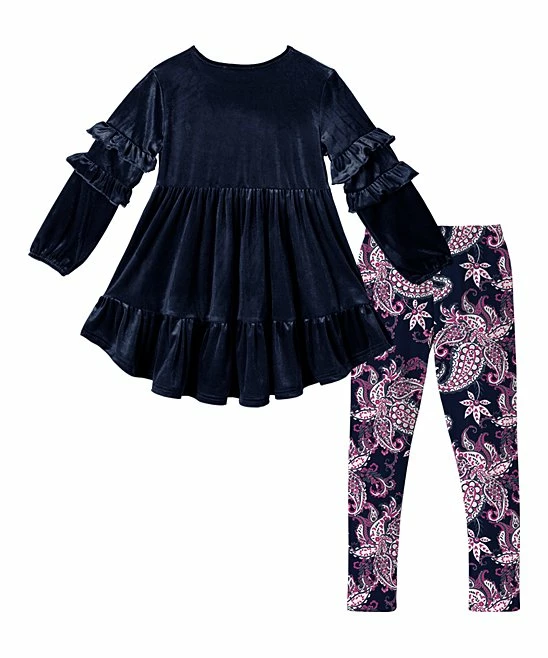 Budget โญ Trend Blossoms Navy Velvet Ruffle Hi-Low Tunic & Royal Fuchsia Floral Leggings - ๐ง Girls ๐ 5 Budget โญ Trend Blossoms Navy Velvet Ruffle Hi-Low Tunic & Royal Fuchsia Floral Leggings - ๐ง Girls ๐ - Image 3