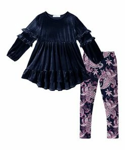 Budget ⭐ Trend Blossoms Navy Velvet Ruffle Hi-Low Tunic & Royal Fuchsia Floral Leggings - 👧 Girls 😍