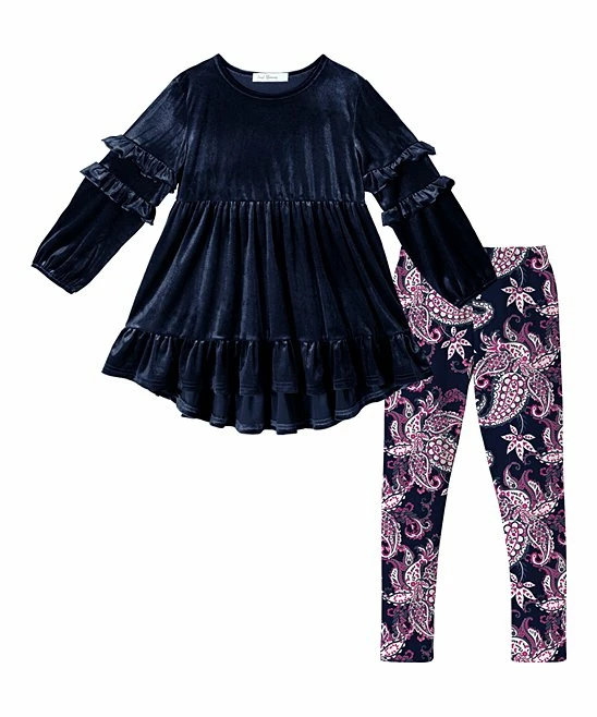 Budget โญ Trend Blossoms Navy Velvet Ruffle Hi-Low Tunic & Royal Fuchsia Floral Leggings - ๐ง Girls ๐ 3 Budget โญ Trend Blossoms Navy Velvet Ruffle Hi-Low Tunic & Royal Fuchsia Floral Leggings - ๐ง Girls ๐