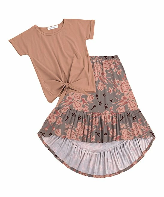 Brand new ๐งจ Trend Blossoms Dusty Coral Knot-Hem Short-Sleeve Tee & Floral Hi-Low ๐ Skirt - ๐ง Girls โ 3 Brand new ๐งจ Trend Blossoms Dusty Coral Knot-Hem Short-Sleeve Tee & Floral Hi-Low ๐ Skirt - ๐ง Girls โ