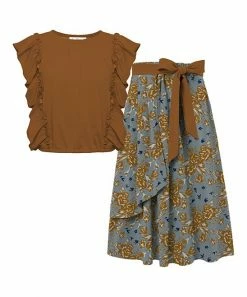 Outlet 🔥 Trend Blossoms Brown Ruffle Sleeveless Top & Dusty Blue Floral Bow Maxi 👗 Skirt - 👧 Girls ⭐