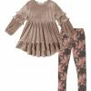 Hot Sale ⌛ Trend Blossoms Apricot Velvet Ruffle Hi-Low Tunic & Peach Pink Floral Leggings - 👧 Girls ✨