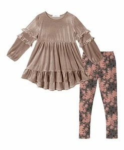 Hot Sale ⌛ Trend Blossoms Apricot Velvet Ruffle Hi-Low Tunic & Peach Pink Floral Leggings - 👧 Girls ✨
