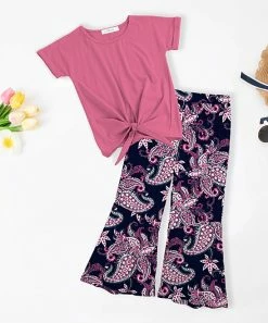 Buy 🤩 Trend Blossoms Hot Pink Knot Top & Navy & Dark Navy Floral Paisley Flare Pants - 👧 Girls 🥰