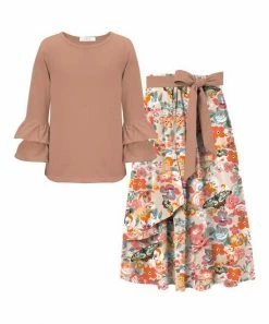 Coupon 💯 Trend Blossoms Dusty Coral Ruffle Long-Sleeve Top & Floral Butterfly Bow-Accent Maxi 👗 Skirt - 👧 Girls 👏