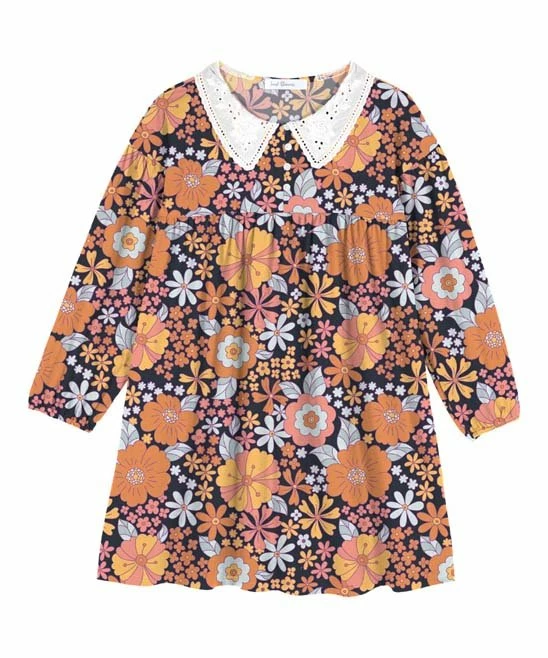 Wholesale ๐ Trend Blossoms Navy & Orange Floral Lace-Collar Babydoll ๐ Dress - ๐ง Girls ๐ฅฐ 3 Wholesale ๐ Trend Blossoms Navy & Orange Floral Lace-Collar Babydoll ๐ Dress - ๐ง Girls ๐ฅฐ