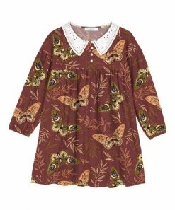 New 🔥 Trend Blossoms Rust Red & Apricot Leaf Butterfly Lace-Collar Babydoll 👗 Dress - 👧 Girls 🔥