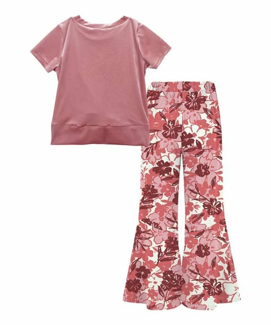 Best Pirce ⌛ Trend Blossoms Pink Velvet Knot-Front Top & Floral Flare Pants - 👧 Girls 👏 4 Best Pirce ⌛ Trend Blossoms Pink Velvet Knot-Front Top & Floral Flare Pants - 👧 Girls 👏 - Image 2