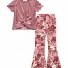 Best Pirce ⌛ Trend Blossoms Pink Velvet Knot-Front Top & Floral Flare Pants - 👧 Girls 👏 -Trend Blossoms-shop zu110555213 main tm1668454044