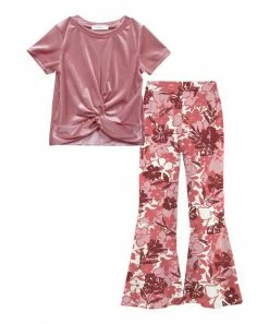 Best Pirce ⌛ Trend Blossoms Pink Velvet Knot-Front Top & Floral Flare Pants - 👧 Girls 👏