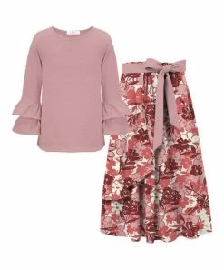 Brand new 🔔 Trend Blossoms Dusty Pink Ruffle Long-Sleeve Top & Floral Bow-Accent Maxi 👗 Skirt - 👧 Girls 🔔