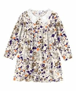 Discount ❤️ Trend Blossoms Cream & Dark Blue Watercolor Floral Lace-Collar Babydoll 👗 Dress - 👧 Girls ✔️