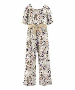 Best Pirce 🎉 Trend Blossoms Light Cream & Dark Blue Watercolor Floral Puff-Sleeve Bow-Belt Jumpsuit - 👧 Girls ⭐