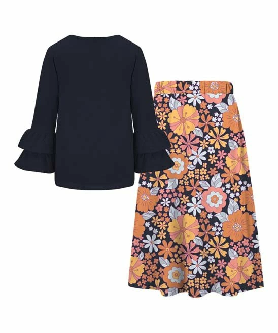 New 🎁 Trend Blossoms Navy Ruffle Long-Sleeve Top & Orange Floral Bow-Accent Maxi 👗 Skirt - 👧 Girls 🎁 4 New 🎁 Trend Blossoms Navy Ruffle Long-Sleeve Top & Orange Floral Bow-Accent Maxi 👗 Skirt - 👧 Girls 🎁 - Image 2