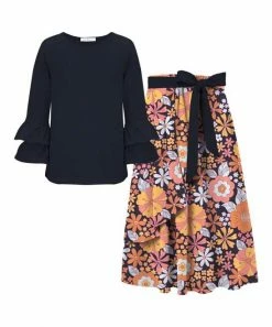 New 🎁 Trend Blossoms Navy Ruffle Long-Sleeve Top & Orange Floral Bow-Accent Maxi 👗 Skirt - 👧 Girls 🎁