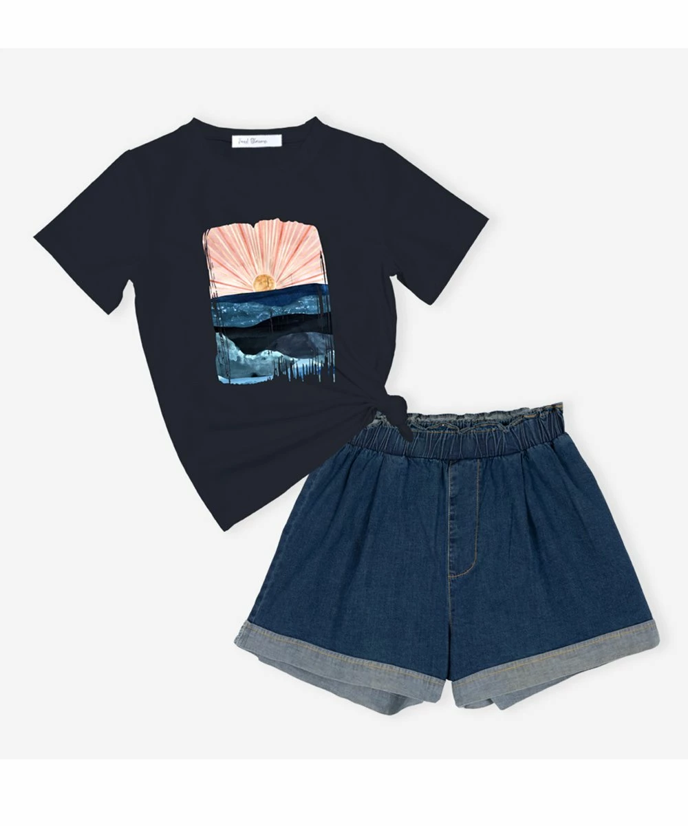 Cheap ๐ฅ Trend Blossoms Dark Navy Sunrise Graphic Tee & Dark Blue Denim High-Waist Shorts - ๐ง Girls ๐ 4 Cheap ๐ฅ Trend Blossoms Dark Navy Sunrise Graphic Tee & Dark Blue Denim High-Waist Shorts - ๐ง Girls ๐ - Image 2