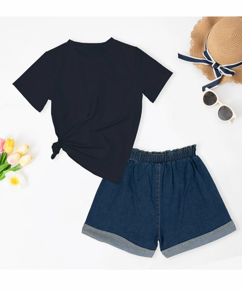 Cheap ๐ฅ Trend Blossoms Dark Navy Sunrise Graphic Tee & Dark Blue Denim High-Waist Shorts - ๐ง Girls ๐ 5 Cheap ๐ฅ Trend Blossoms Dark Navy Sunrise Graphic Tee & Dark Blue Denim High-Waist Shorts - ๐ง Girls ๐ - Image 3