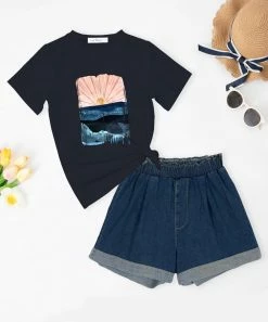 Cheap 🔥 Trend Blossoms Dark Navy Sunrise Graphic Tee & Dark Blue Denim High-Waist Shorts - 👧 Girls 🛒