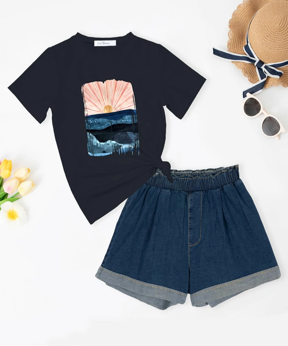 Cheap ๐ฅ Trend Blossoms Dark Navy Sunrise Graphic Tee & Dark Blue Denim High-Waist Shorts - ๐ง Girls ๐ 3 Cheap ๐ฅ Trend Blossoms Dark Navy Sunrise Graphic Tee & Dark Blue Denim High-Waist Shorts - ๐ง Girls ๐