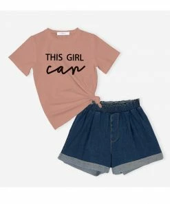 Buy 👏 Trend Blossoms Dusty Coral 'This Girl Can' Graphic Tee & Denim High-Waist Shorts - 👧 Girls ✔️ -Trend Blossoms-shop zu110724859 alt 2 tm1668627310