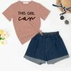 Buy 👏 Trend Blossoms Dusty Coral 'This Girl Can' Graphic Tee & Denim High-Waist Shorts - 👧 Girls ✔️ -Trend Blossoms-shop zu110724859 main tm1668627310