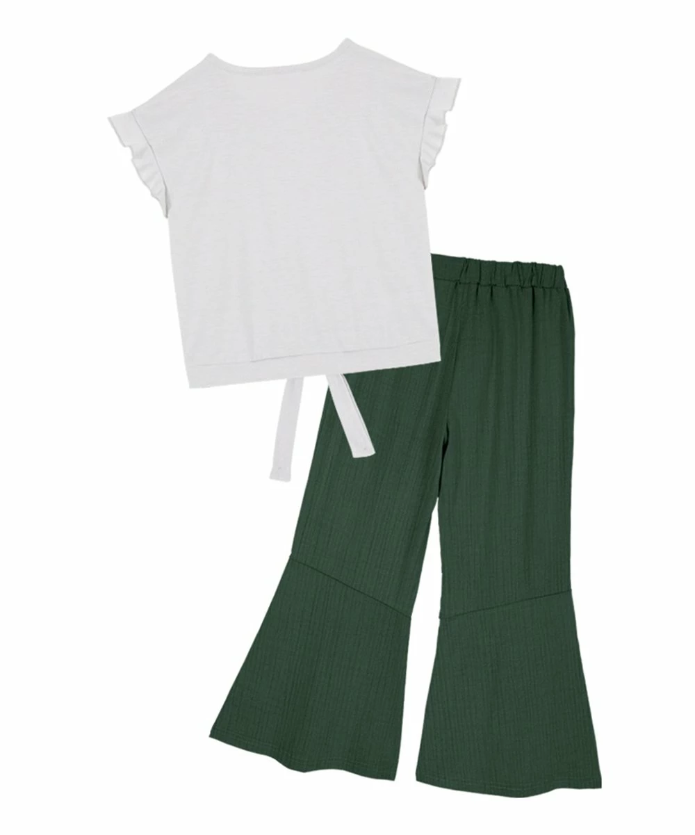 Best deal 🤩 Trend Blossoms White Leopard Heart Knot-Front Top & Green Flare Pants - 👧 Girls 👏 4 Best deal 🤩 Trend Blossoms White Leopard Heart Knot-Front Top & Green Flare Pants - 👧 Girls 👏 - Image 2