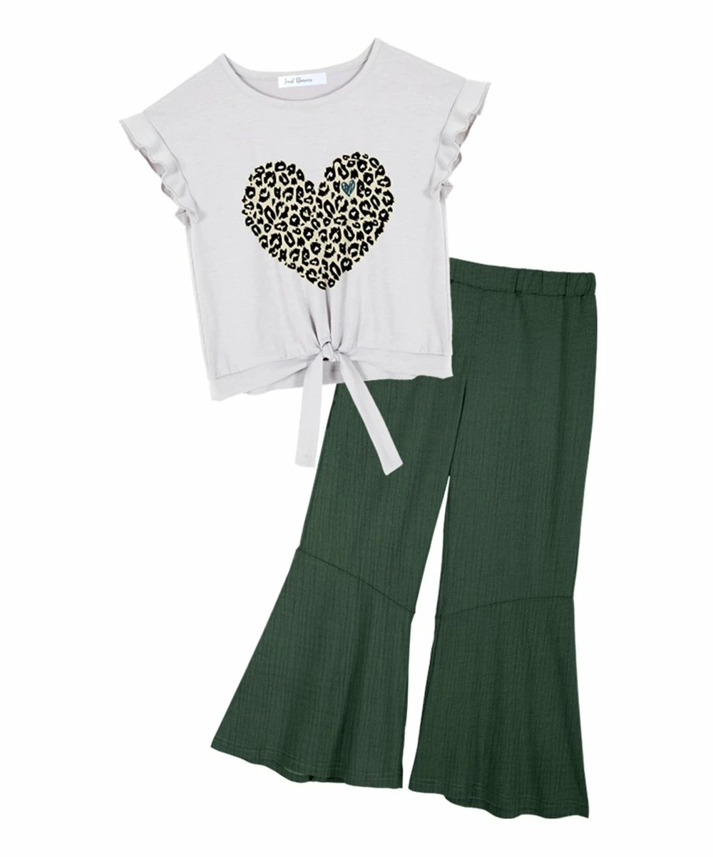 Best deal 🤩 Trend Blossoms White Leopard Heart Knot-Front Top & Green Flare Pants - 👧 Girls 👏 3 Best deal 🤩 Trend Blossoms White Leopard Heart Knot-Front Top & Green Flare Pants - 👧 Girls 👏