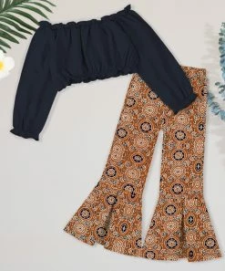 Promo 👏 Trend Blossoms Dark Navy Off-Shoulder Crop Top & Brown Floral Flare Pants - 👧 Girls 🧨 -Trend Blossoms-shop zu110724865 alt 1 tm1668627310