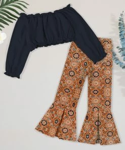 Promo 👏 Trend Blossoms Dark Navy Off-Shoulder Crop Top & Brown Floral Flare Pants - 👧 Girls 🧨